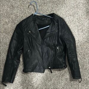 Topshop Black Leather Moto Jacket with Asymmetrical Zipper